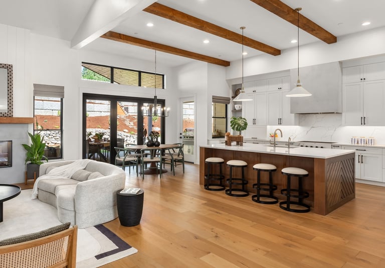kitchen and living room in newly constructed luxury home