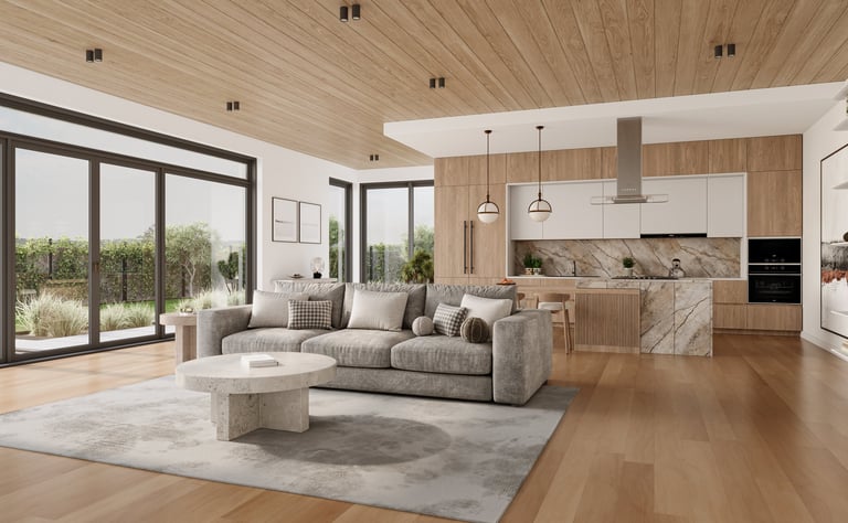 Open space living room and kitchen interior with large windows, gray sofa, dining table and hardwood flooring. Modern design solution, 3d rendering