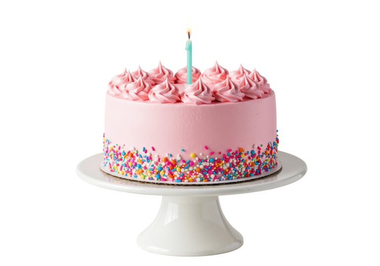 Isolated Pink Birthday Cake with Sprinkles and Candle