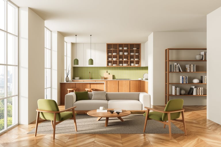 Open-plan living room and kitchen with green chairs, wood accents, and soft sunlight, minimalist Scandinavian concept