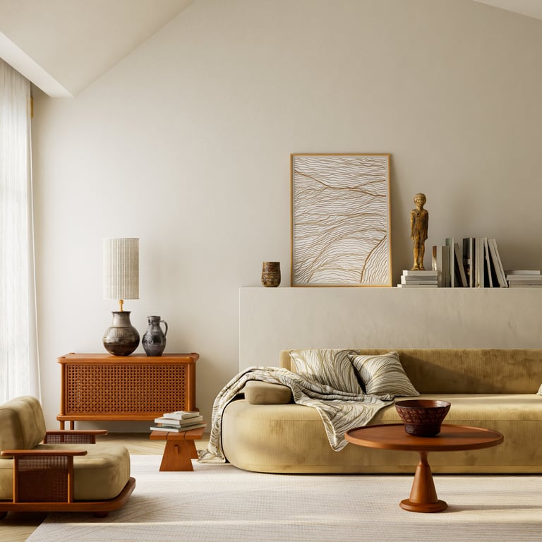Warm beige Japandi interior design featuring wooden furniture, cozy textures, and natural light