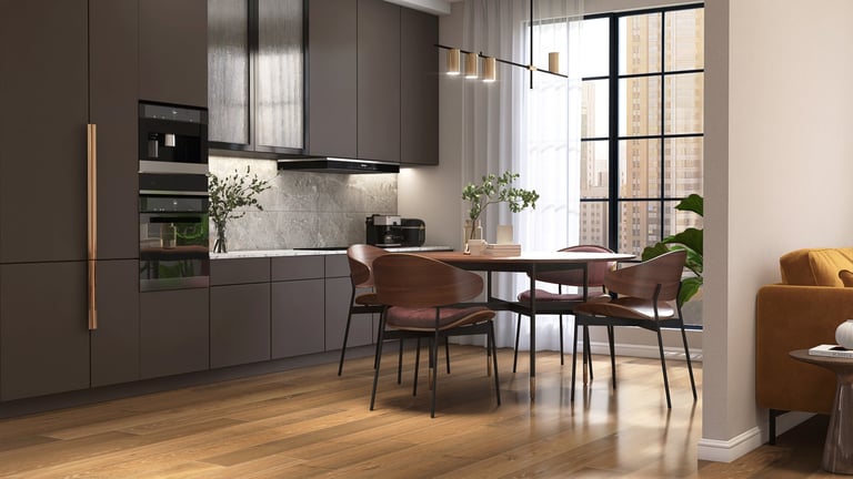 Built in gray kitchen cabinetry counter in modern, luxury, elegant dining room with dining table in sunlight from window connect to living room for interior design decoration