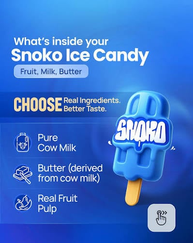 Snoko Ice Candy product poster showing a blue popsicle with ingredients list: pure cow milk, butter, and real fruit pulp