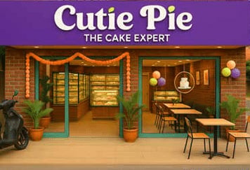 Cute Pie bakery storefront with brick facade, display cases, tables, chairs, and warm lighting decorated with garland