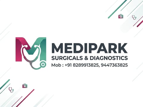 Medipark Surgicals and Diagnostics logo with stethoscope design and contact mobile numbers displayed