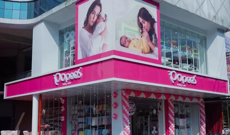 Bright pink retail storefront with signage and product displays, featuring two large promotional photos on the top corner banner