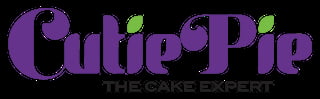 Cutie Pie The Cake Expert logo with purple text and green leaf accents on black background