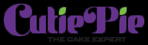 Cutie Pie The Cake Expert logo with purple text and green leaf accents on black background