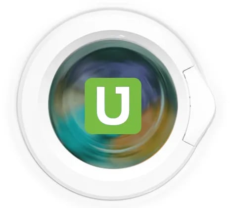 Green U logo centered on a circular white device with a rotating blue, teal, and bronze interior ring