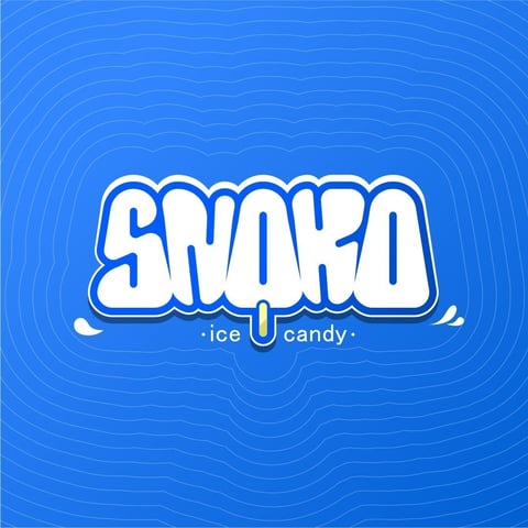Snako ice candy logo with white bold lettering on concentric blue wavy background