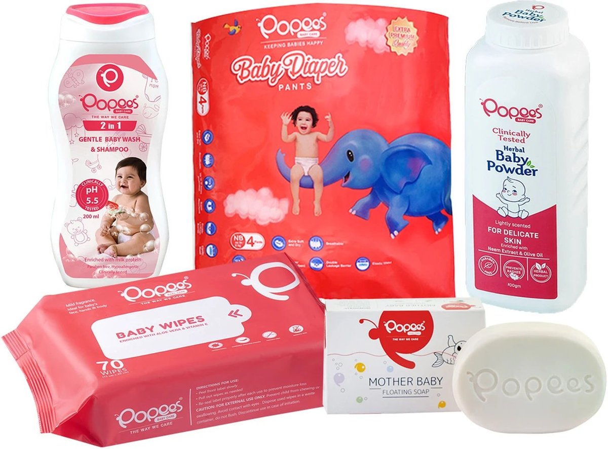 Popos baby care product collection including bath gel, diapers, wipes, powder, and soap on white background