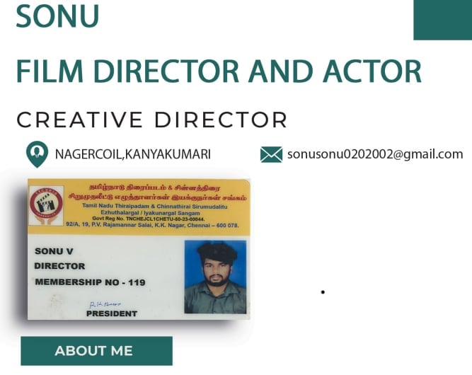 Professional resume header for Sonu, a film director and actor with membership card and contact information displayed