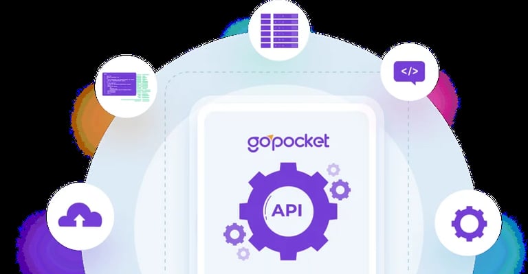 GoPocket app interface illustration with API symbol and gears surrounded by database, server, code, and storage feature icons
