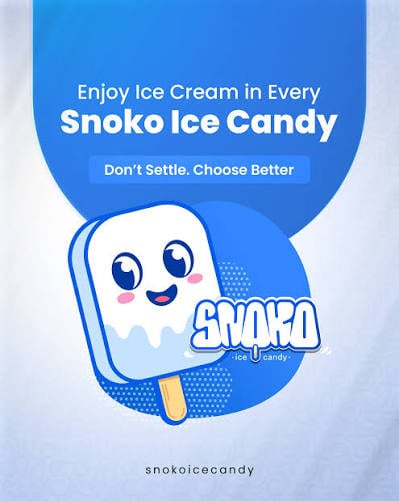 Snoko Ice Candy advertisement featuring an animated smiling ice cream character with text Enjoy Ice Cream in Every Snoko Ice Candy
