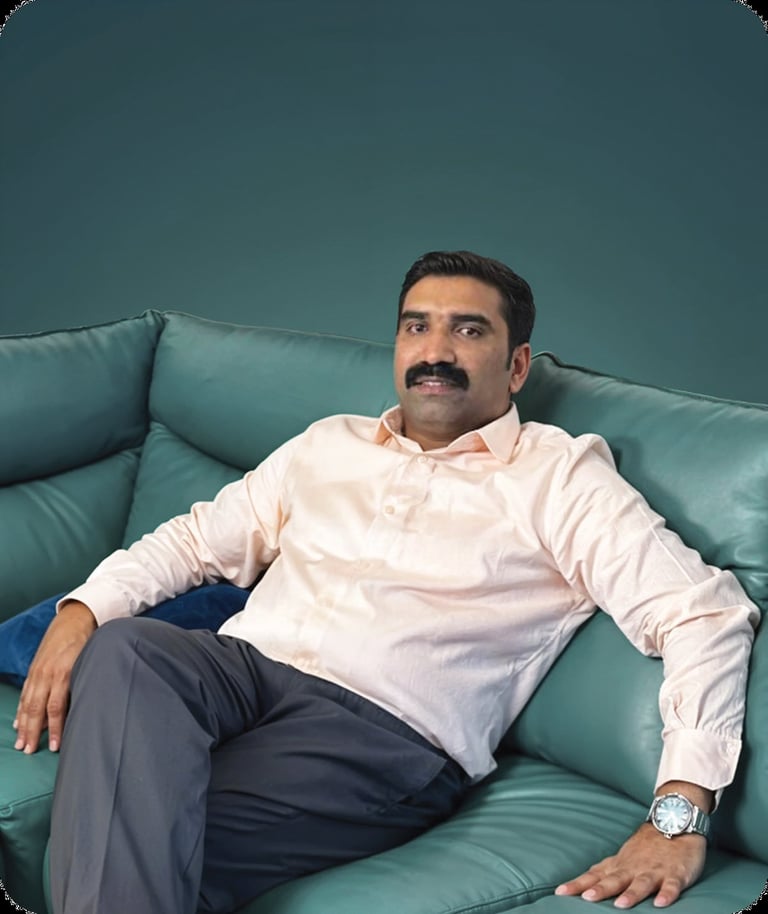 Man with mustache wearing white shirt and dark pants relaxing on teal-colored sofa against matching green wall