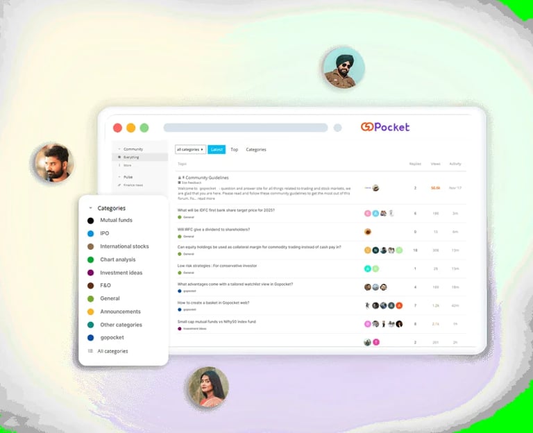 Pocket app interface showing saved articles with categories sidebar and user profile avatars on colorful gradient background