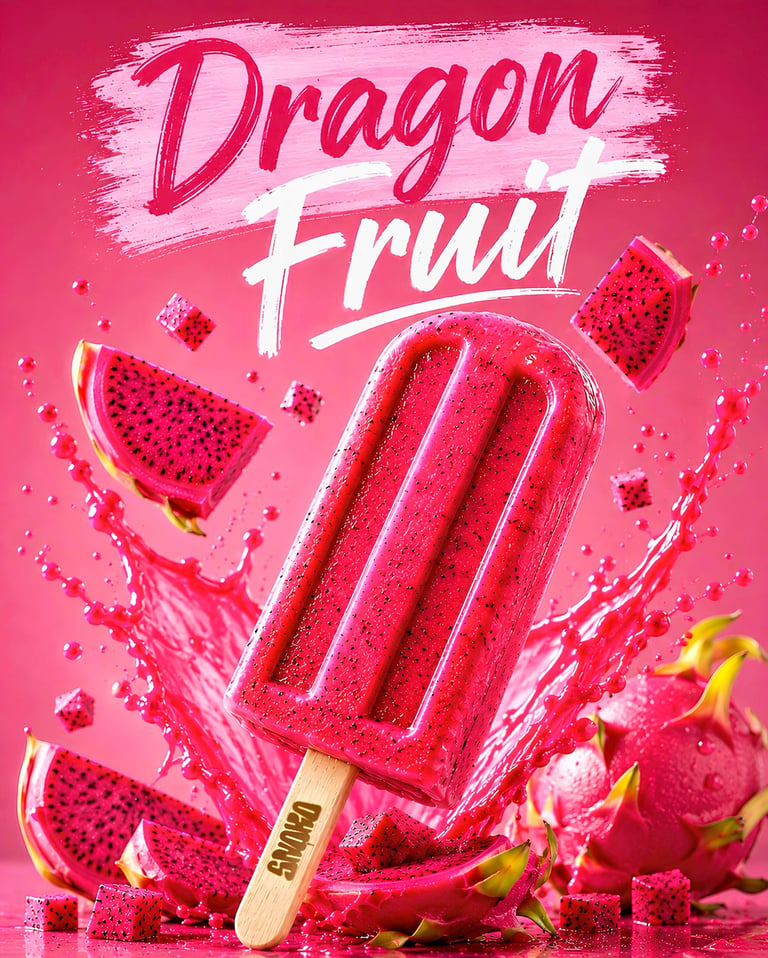 Dragon Fruit popsicle with pink splash and fresh fruit pieces on vibrant pink background