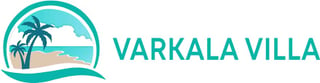 Varkala Villa logo featuring a tropical beach scene with palm trees and turquoise water in a circular emblem