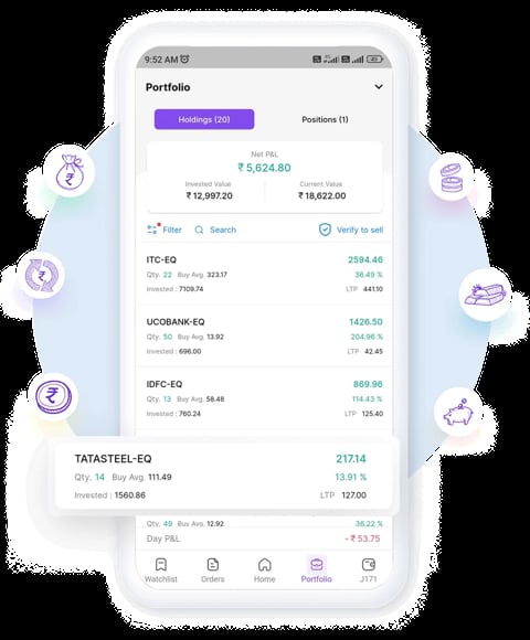 Stock portfolio app showing holdings in ITC, UCOBANK, IDFC, and TATA Steel with current values and investment details