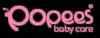 Poopos baby care logo in pink with registered trademark symbol on black background