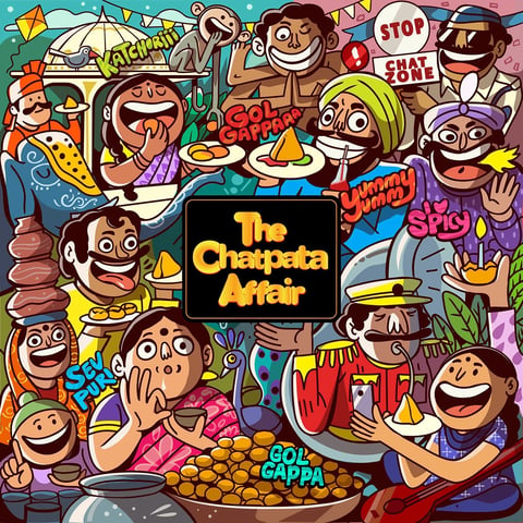 Colorful retro illustration of diverse cartoon characters celebrating at a chaipata food event with food and festive decorations