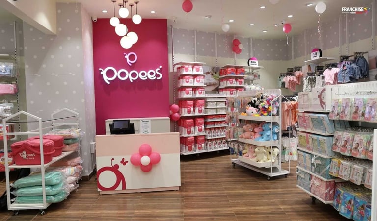 Interior of Doodos retail store with pink and white checkout counter, product shelves, and red branded signage