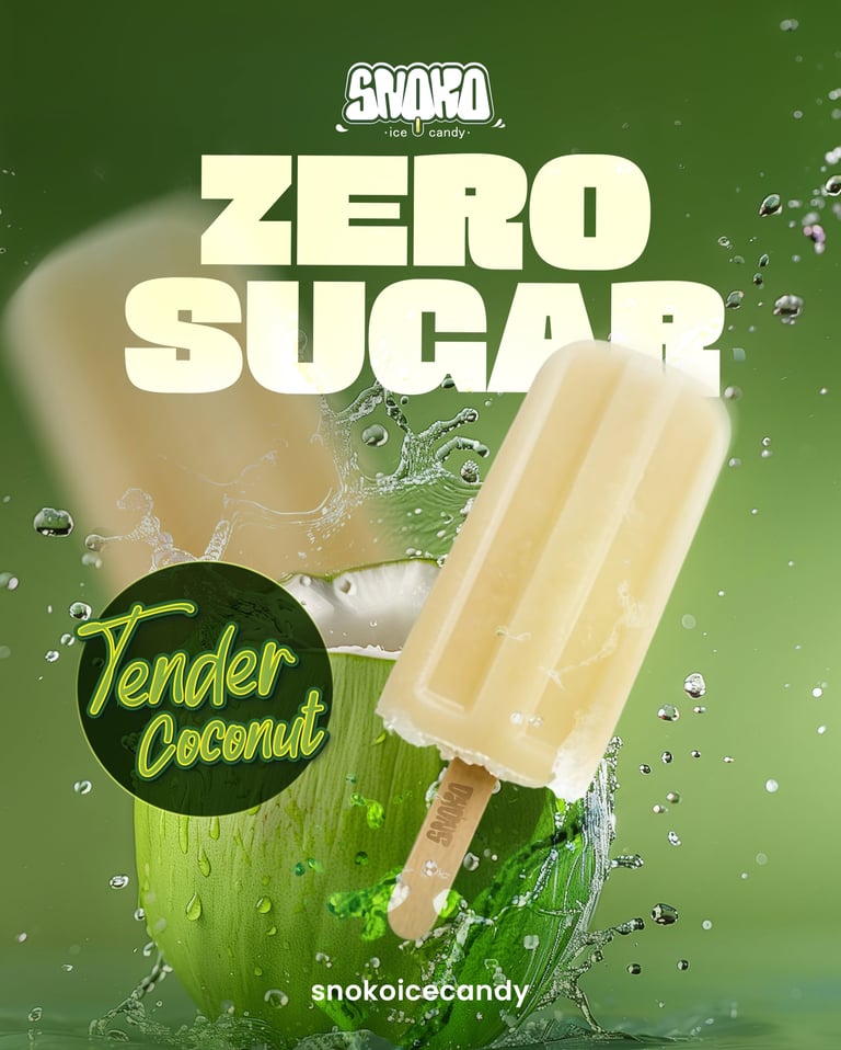 Snokio zero sugar tender coconut popsicle with water splash on green background and product branding