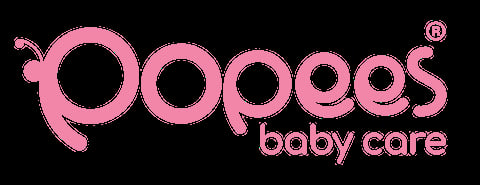 Poopos baby care logo in pink letters on black background